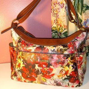 FLORAL COLORFUL RED AND BROWN SATCHEL HANDBAG OF BEAUTY